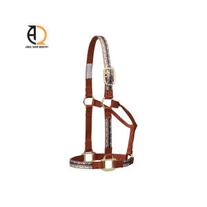 Licol de tête pour cheval en cuir réglable avec quincaillerie métallique, corde en nylon et logo - Product Image 4