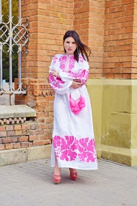 Vestido de fiesta de algodón de manga larga bordado, Rosa - Product Image 3