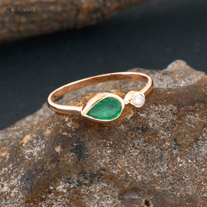Vente en gros de bijoux en or rose massif 14 carats diamant naturel 0.41 ct émeraude verte bague de réglage de lunette à deux pierres pour fabrication de fête - Product Image 1
