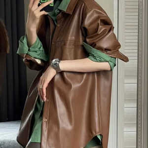Womens Vintage Brown PU Leather Jacket Loose Casual <b>Button</b> <b>Coat</b> - Product Image 3