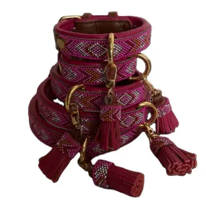 Kralen Halsband Echt Leer Gevoerde Rose Rode Pruim Hoge Kwaliteit Huisdier Producten Leash Harness Set Kwastje Accessoires
