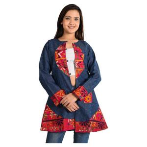 Veste de travail en jean avec broderie miroir Veste de fête pour femme Veste en jean longue Manteau vintage Tenue tendance - Product Image 1