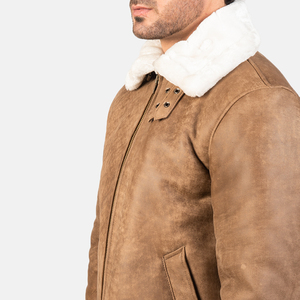 Bomber blouson en cuir véritable pour homme, marron, fermeture éclair, entièrement doublé de fausse fourrure, B-3 - Product Image 6