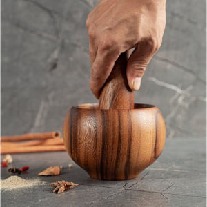 Juego de mortero y Maja redonda de madera de bambú de calidad Lux, utensilios de tamaño mediano hechos a mano, ideales para utensilios de cocina y cocina - Product Image 5