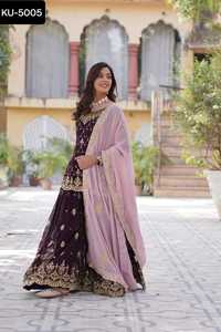 Ropa de boda india y pakistaní Faux Blooming con lentejuelas bordadas diseñador de trabajo Sharara traje con trabajo pesado Dupatta - Product Image 4