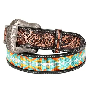 Real Cowhide Handtooled Beaded Belts Handmade Genuine Leather Adjustable Western Fashion Boho Bohemian Vintage Leather