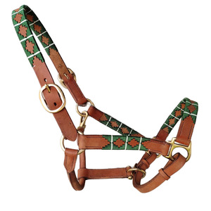 Cabestro de cuero negro artesanal para caballo con narigueña tejida geométrica azul y patillas a juego, aparejos ecuestres duraderos de acero inoxidable - Product Image 1