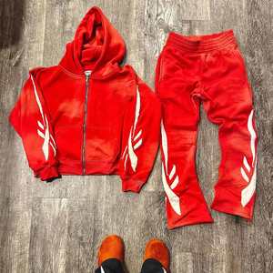 2026 Custom Vintage Acid Wash Hoodies Cotton French Terry Zip up Men's Sweatpants and Hoodie <b>Set</b> With Applique <b>Embroidery</b> Logo - Product Image 5