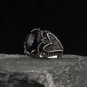 Anillo de plata 925 para hombre, piedra de circón negro, motivo de corazón hecho a mano, joyería turca al por mayor, ajuste de moda fina, tecnología de incrustaciones - Product Image 3