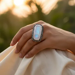 Geometric Statement <b>Ring</b> Gold Plated <b>Moonstone</b> Cocktail <b>Ring</b> with Diamond Accents IGI Certified Fine Jewelry - Product Image 2