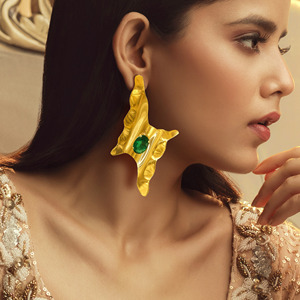 PRAO Women's Trendy Thunderbolt Emerald Stud Earrings Gold Plated Anti-Tarnish Fashion <b>Jewellery</b> Bulk Product Mainly Made <b>Brass</b> - Product Image 1