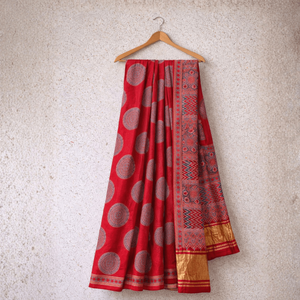 Aruna Mandala Ajrakh Handwoven Cotton Silk Sari Banarasi Indian Soft Sari for Festival Party Wear Hand Drawn Heavy Georgette - Product Image 5