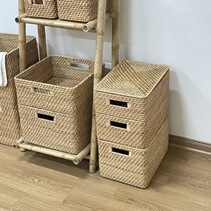 Wholesale Cheapest Multiple Size Rattan Storage Basket with Lid, Rectangular Storage Container Home Storage & Organization