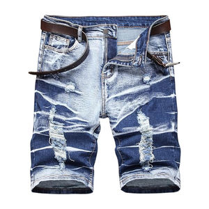 กางเกงยีนส์ผ้าฝ้าย100% ของผู้ชายกางเกงขาสั้นสำหรับใส่สบายเอวปานกลางใส่สบายเป็นมิตรกับสิ่งแวดล้อมสีฟ้า - Product Image 1