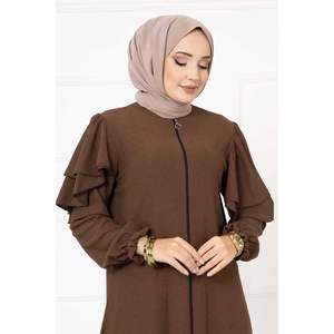 Vestido Abaya marrón con hombro con volantes y manga fruncida Ropa musulmana informal modesta Logotipo personalizado Barato - Product Image 1