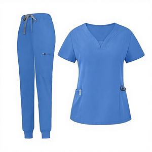 Conjunto de traje de hospital moderno para mujer al por mayor, logotipo personalizado, cuello en V, parte superior, pierna cónica, pantalones para correr, tejido de punto transpirable - Product Image 1