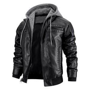 Veste en cuir coupe ajustée de haute qualité pour hommes avec capuche amovible Manteau coupe-vent d'automne et d'hiver Haut de moto décontracté Tissu en toile - Product Image 5