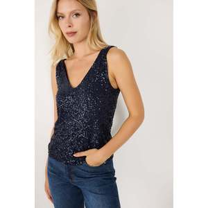 Blusa Casual Azul Marino con Cuello en V, Detalle de Lentejuelas Florales Chic, Cuello con Volantes, Talla XL, Viscosa Chifón, Logotipo Frontal, Primavera, Otoño, Fiestas - Product Image 1