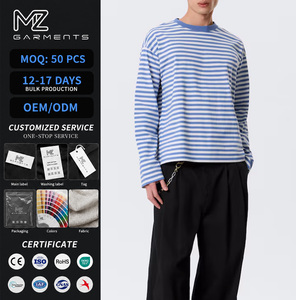 T-shirt à manches longues rayé en coton 100% pour <span class=keywords><strong>homme</strong></span>, 240 g, col rond surdimensionné, logo personnalisé, tee-shirt décontracté - Product Image 1