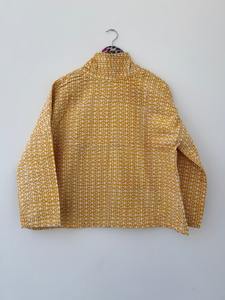 Unisex Yellow Buti Handmade Cotton Jacket Winter <b>Coat</b> Quilted Kantha Open Front Kimono Printed Fabric Knitted Techniques Pocket - Product Image 2