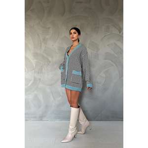 Cardigan décontracté noir en gros avec bordure en satin et motif pied-de-poule - Product Image 3