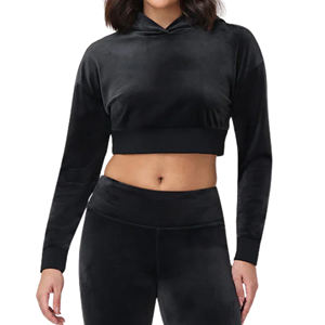 2026 Women's Cropped Hoodie Heavyweight <b>Velour</b> Acid Wash Lined Plain Black Pullover <b>Sweatshirt</b> Elastic Hem Custom Logo Solid - Product Image 1