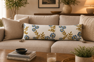 Funda de Cojín Lumbar de Algodón Bordada con Margaritas Azules Estilo Boho Botánico, Funda de Almohada Larga Artesanal con Borlas en las Esquinas para Ropa de Cama - Product Image 6