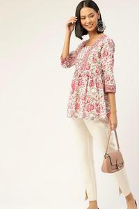 Indian Cotton Womens Kurti White & Pink Floral Kurti <b>Top</b> Hand Block Print Womens Short Cotton Printed <b>Top</b> - Product Image 5
