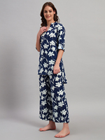 Ensemble Premium Décontracté en Coton Tricoté à Col Mandarin, Manches 3/4, Motif Floral, Fente Courte, Été, Kurti et Palazzo, Boutonné pour Femme |