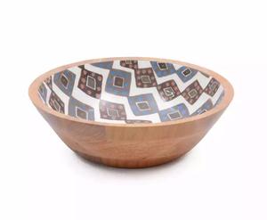 Bol de service à salade en bois rond vintage avec impression en émail et bol de service avec revêtement en émail pour la restauration et les dîners de vacances - Product Image 1