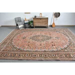 Alfombra de lana turca Vintage 9,5X12,4 pies Rosa Marrón Patchwork Diseño Técnica de tejido plano para decoraciones de sala de estar Látex - Product Image 1