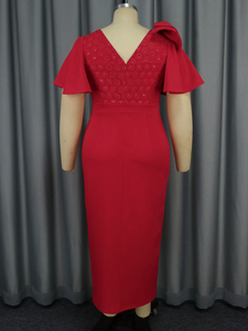 <span class=keywords><strong>Abito</strong></span> da sera con fessura laterale con fiocco asimmetrico con manica a volant rossa per natale - Product Image 6