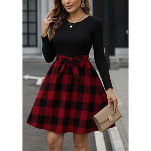 Vestido corto de viscosa con cuello redondo y manga larga para mujer, 28954 - Negro - Product Image 1