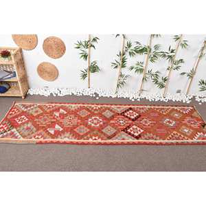 Alfombra de lana étnica turca Vintage, diseño de retazos rojo naranja, 3x10,1 pies, tejido plano rectangular, sala de estar alfombra para, respaldo de látex - Product Image 2