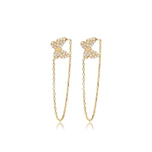Butterfly Design CZ <b>Silver</b> <b>Stud</b> <b>Earrings</b> Chain Turkish Wholesale Handmade Trendy 925 Sterling <b>Silver</b> Jewelry - Product Image 1