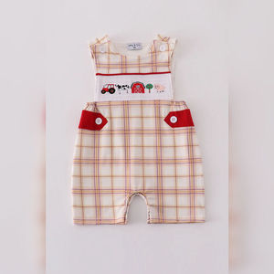 Vente chaude coton kaki ferme broderie smocké Plaid Jonjon barboteuse pour bébé garçons une pièce tenue - Product Image 1