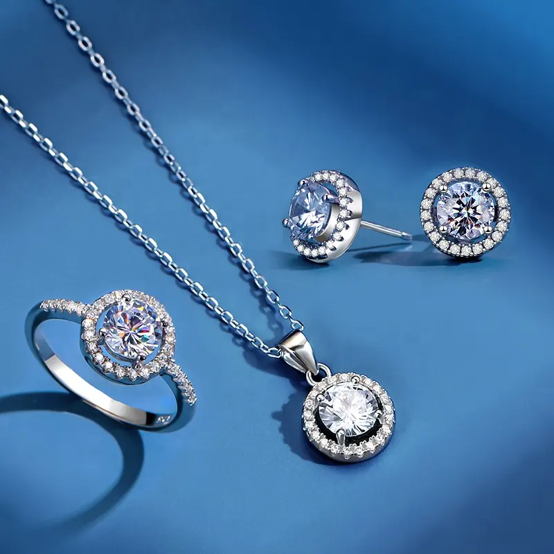 Hot Selling Fine Sterling Silber Halskette Ohrringe Ringe Schmuck Sets Braut Diamant Zirkonia Hochzeits schmuck Sets für Frauen