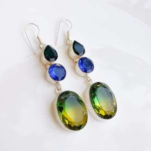 Boucles d'oreilles en tourmaline bicolore multi-pierres, plaquées argent, boucles d'oreilles en cristal, bijoux bohèmes faits à la main, cadeau pour elle - Product Image 4