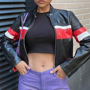 Chaqueta recortada de carreras de motos para mujer hecha en fábrica, chaquetas elegantes de verano de cuero genuino ajustadas de manga larga para mujer - Product Image 1