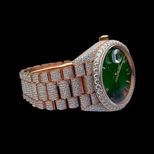 Reloj de Lujo Hip Hop con Esfera Verde, Totalmente Automático, Números Romanos, Diamantes Moissanite, Chapado en Oro Rosa, Movimiento de Cuarzo, Estilo Iced Out - Product Image 2