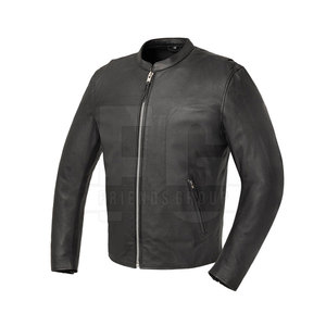Veste de motard en cuir véritable noir pour homme, col montant, fermeture éclair, coupe ajustée - Product Image 3