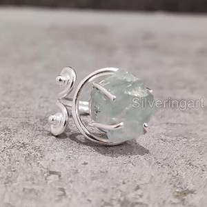 Rough Women's <b>Ring</b> Natural Raw Aquamarine March Birthstone <b>Adjustable</b> <b>Ring</b> Christmas Handmade Jewelry 925 <b>Sterling</b> <b>Silver</b> <b>Ring</b> - Product Image 3