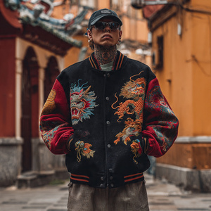 Veste universitaire en cuir pour homme, col rond, boutonnée, veste universitaire de baseball pour homme, 100% laine, vestes universitaires noires pour homme - Product Image 5