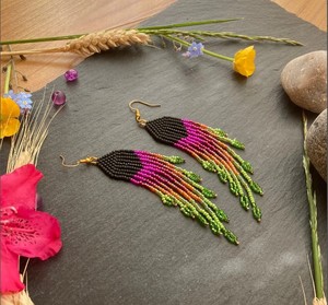 Long Fringe <b>Earrings</b>, pink Orange and <b>Green</b> <b>Earrings</b>, Tropical Beaded <b>Earrings</b>, Bright <b>Earrings</b> - Product Image 2