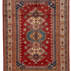 Tapis en laine moderne kazakh rouge et ivoire, fait à la main, écologique, design élégant, motif géométrique, poils moyens, pour la décoration intérieure - Product Image 1