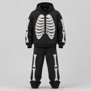 Conjunto de Sudadera con Capucha y Pantalón de Chándal de Forro Polar con Apliques de Esqueleto Desgastado y Bordado Premium, Estilo Oversize - Product Image 1
