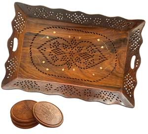 Plateau de service en bois avec gravures en laiton Design unique, plateau de service rectangulaire - Product Image 5