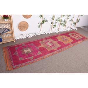 Alfombra de Lana Vintage Ecológica, Diseño Geométrico Rojo Naranja, 2.8 x 10.8 pies, Diseño Abstracto de Patchwork, con Respaldo de Látex, para Comedor - Product Image 3