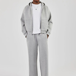 Men's Gray Hooded Tracksuit Full <b>Zip</b> Sweatshirt and Pants Set Casual Loose Fit Solid Color 100% Cotton Autumn Wear - Product Image 1