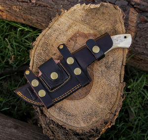 Cuchillo rastreador de hoja de acero de Damasco hecho a mano con mango de hueso y madera OEM/DIY personalizado compatible con Camping. - Product Image 6